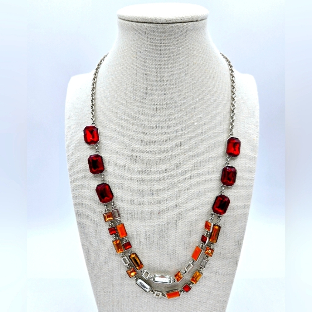 LOFT NWT Silver Statement Necklace Vibrant Red & Tangerine Rhinestones